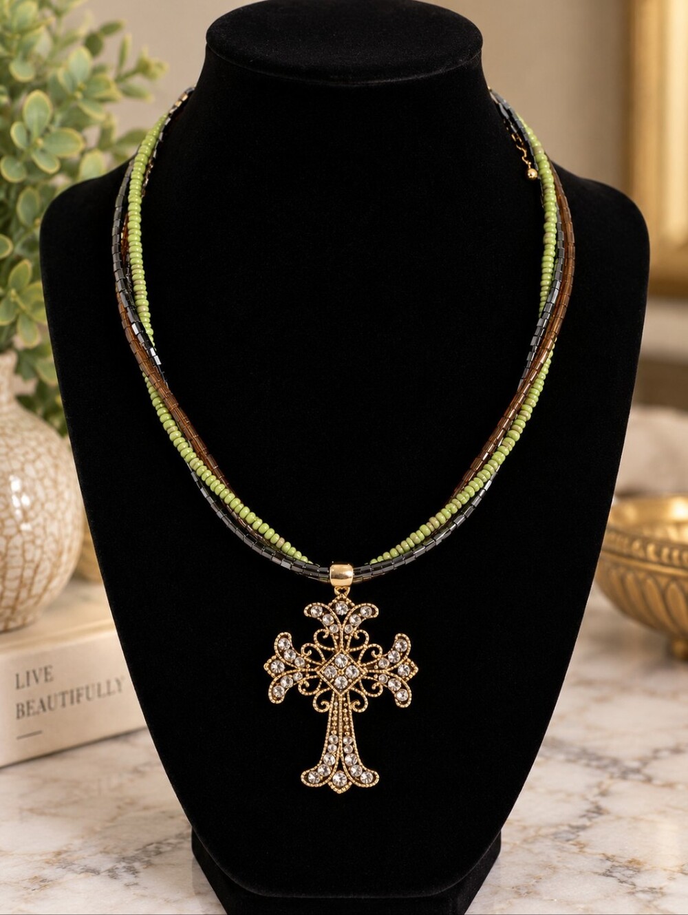 Statement Beaded Necklace with Ornate Filigree Cross Pendant
